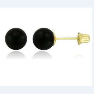 14K Solid Yellow Gold Genuine Black Onyx Ball Screw Back Stud Earrings Size 7mm